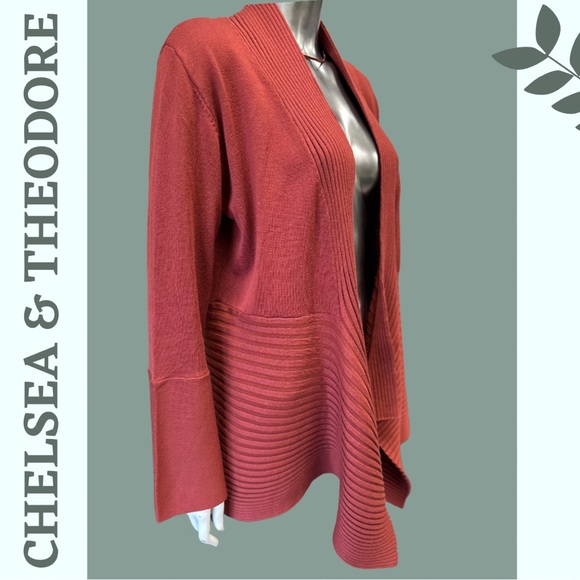 Chelsea & Theodore Waterfall Cardigan Sweater Ribbed Brick Red Orange Size Large - Picture 3 of 8
